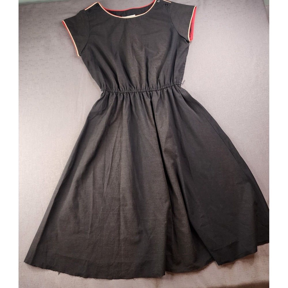 Vintage Melissa Lane Black Dress Red Piping Button Size 16 Cottage Whimsygoth
